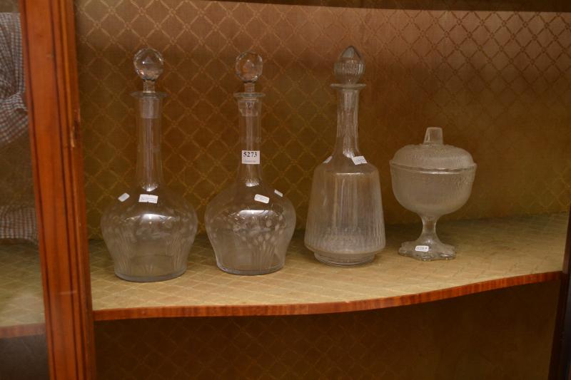 Appraisal: PAIR OF GLASS DECANTERS A SMALL LIDDED BOWL AND ANOTHER