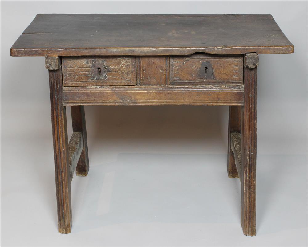 Appraisal: SPANISH COLONIAL CARVED WALNUT TABLE the rectangular top over carved