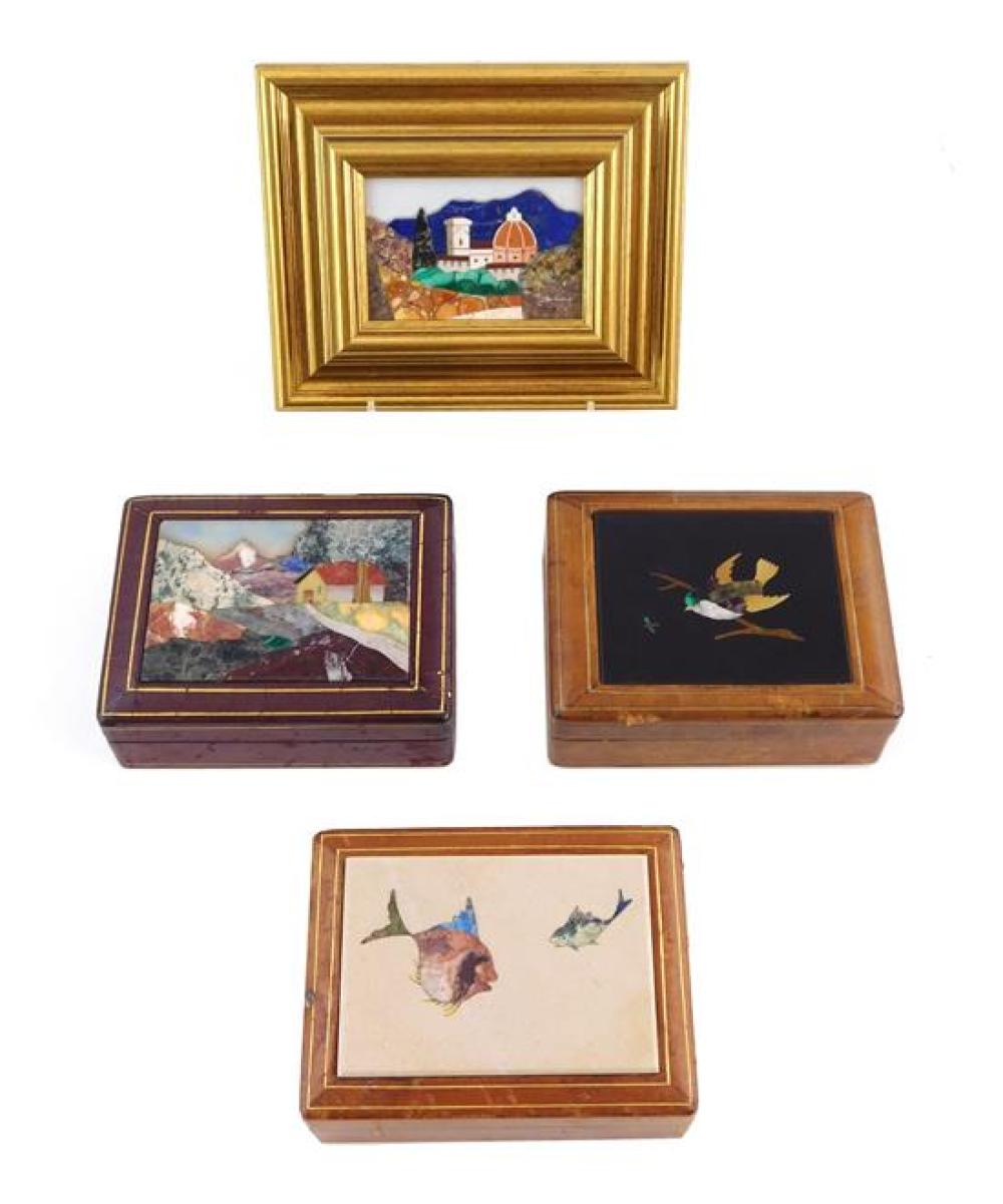 Appraisal: Four pietra dura plaques Italian th C one depicting the