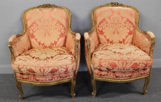 Appraisal: Pair of Louis XVI Style Giltwood Arm Chairs Nice quality