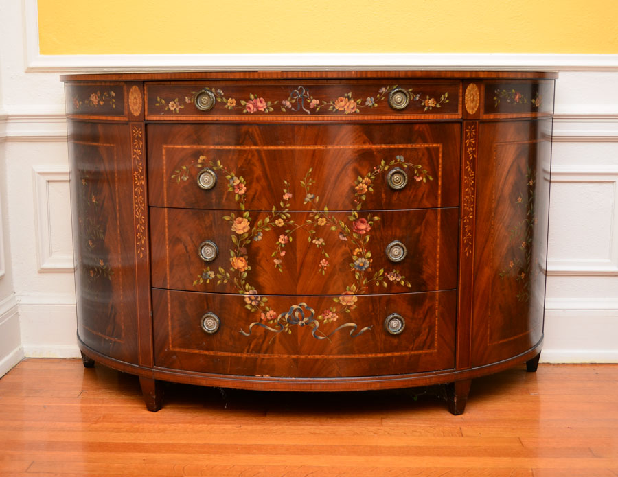 Appraisal: PAINT DECORATED MAHOGANY DEMI COMMODE Four drawer bowed front chest