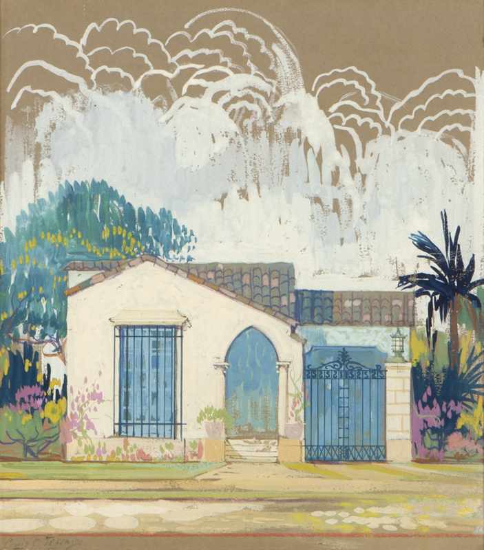 Appraisal: California residential rendering gouache on paper under glass sight size