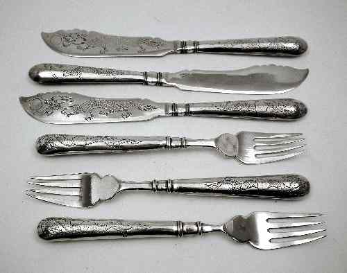 Appraisal: A set of six Chinese silvery metal fish forks and