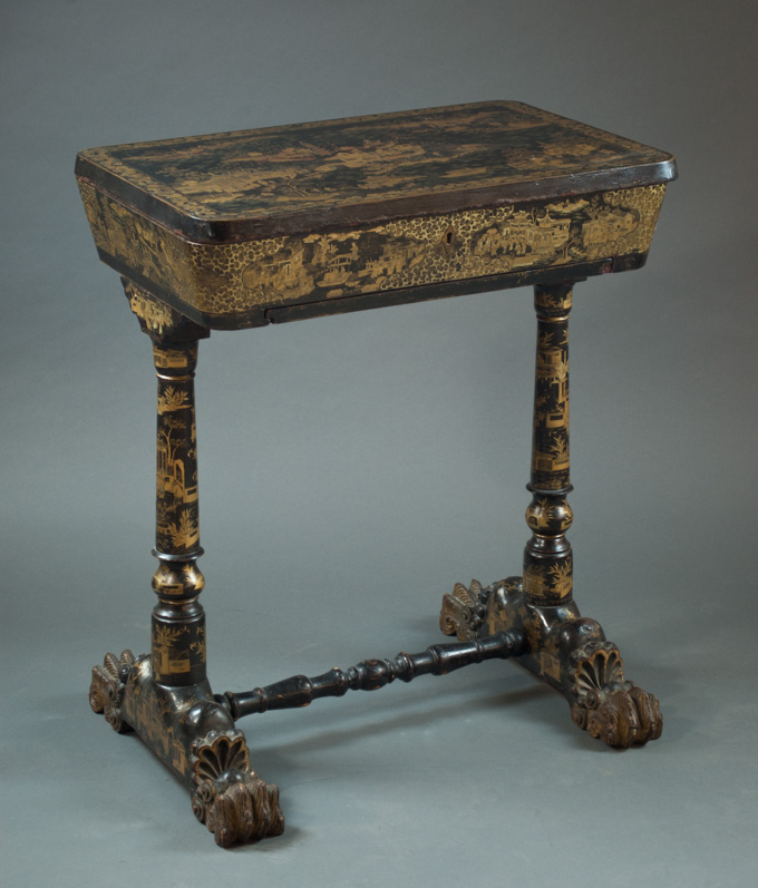 Appraisal: JAPANNED EMPIRE SEWING TABLE English th century having a rectangular