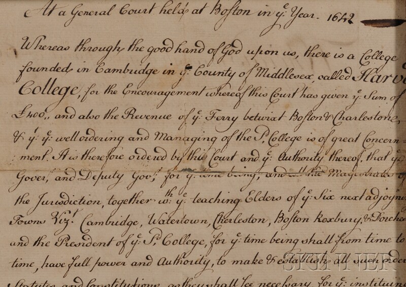 Appraisal: Harvard College Colonial Massachusetts Manuscript document charter for the incorporation