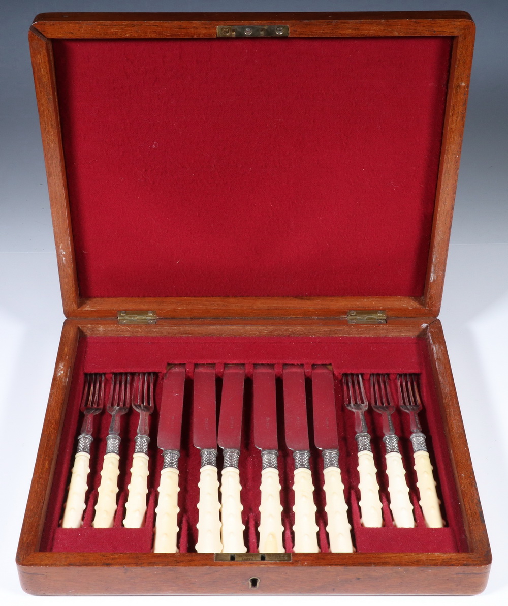 Appraisal: CASED ENGLISH SILVER-PLATE CUTLERY SET Late th c Cased Piece