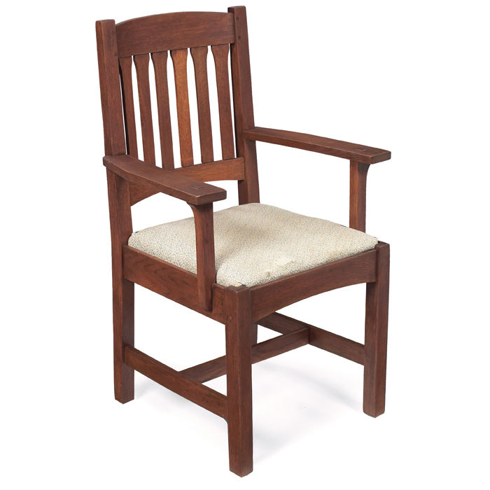 Appraisal: L and JG Stickley armchair shapedslats over a replaced seat