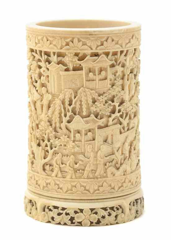 Appraisal: A Chinese Ivory Brushpot having carving throughout the cylindrical pot