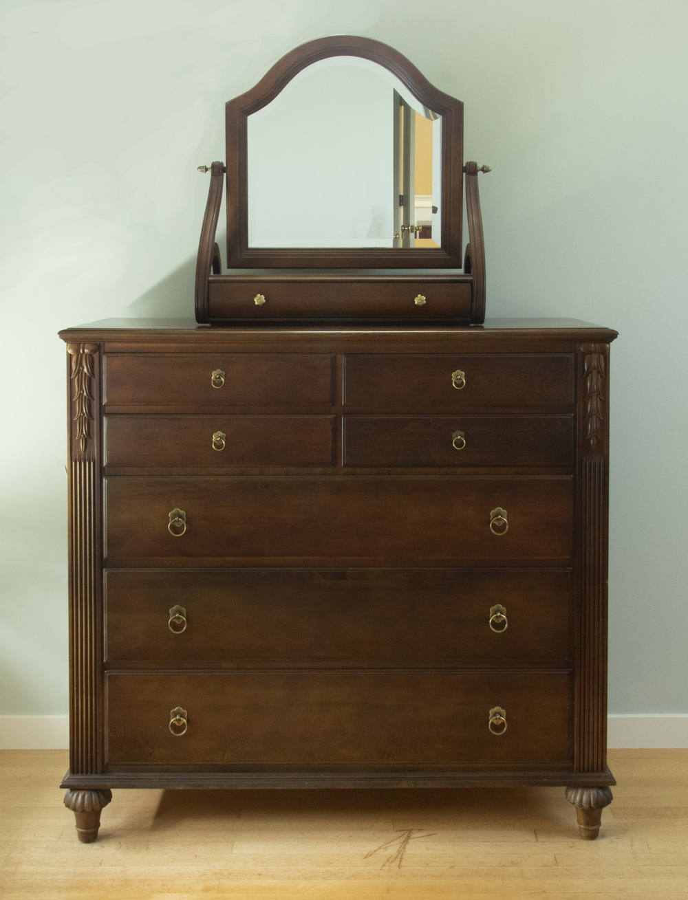 Appraisal: TALL DRESSER WITH SHAVING MIRROR Tall dark finished maplewood dresser