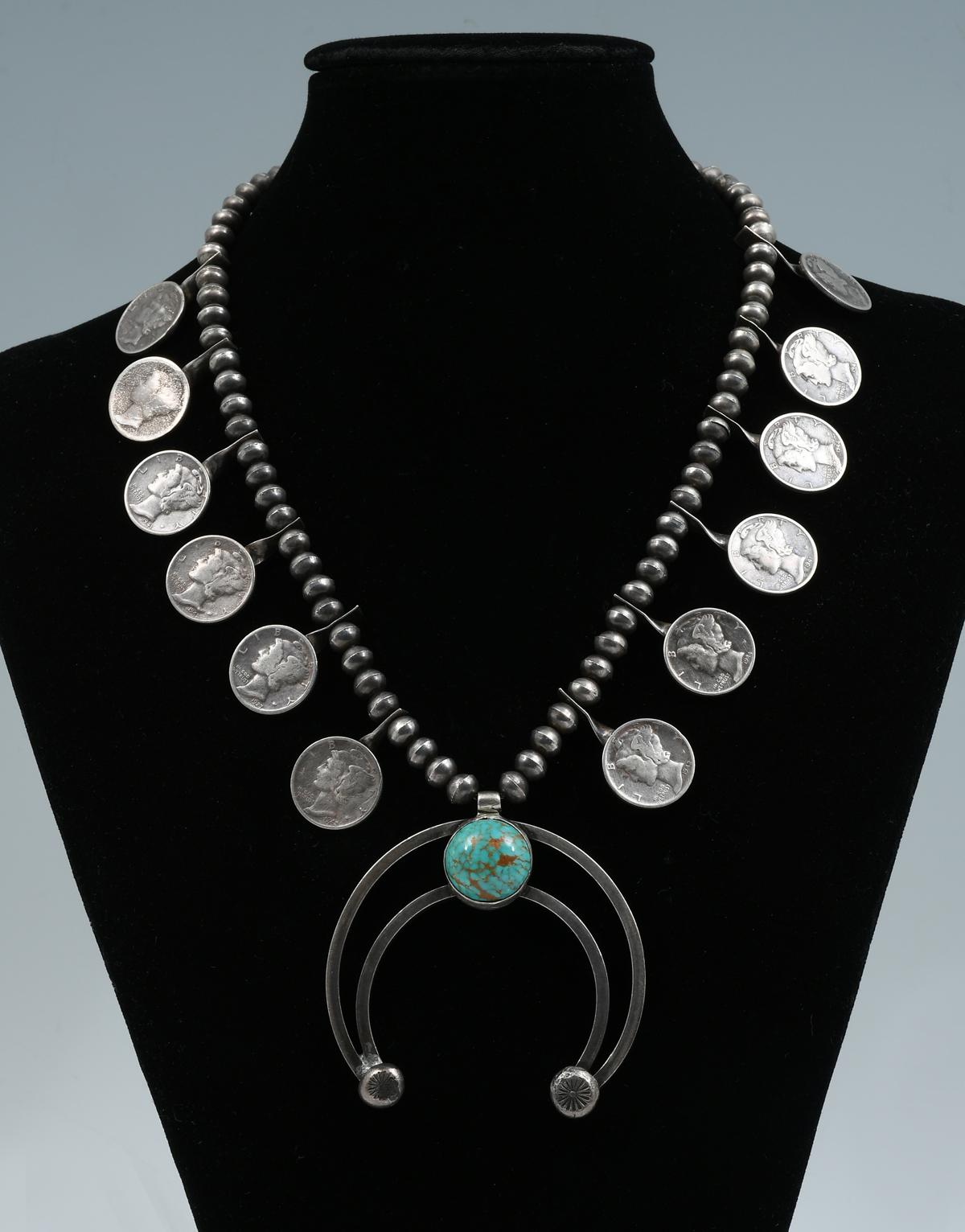 Appraisal: NATIVE AMERICAN MERCURY DIMES SQUASH BLOSSOM NECKLACE Old pawn sterling