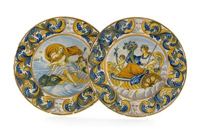 Appraisal: Two maiolica dishes decorated in a palette of blue yellow