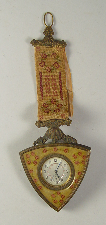 Appraisal: Austrian Pendant Needlepoint Clock Circa Needlepoint hanger with brass fittings