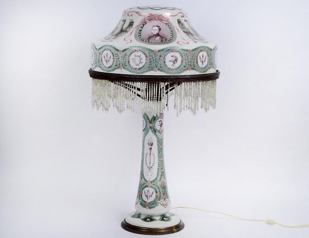 Appraisal: NAPOLEONIC PAINTED FROSTED GLASS TABLE LAMP Circa Possibly Austrian The