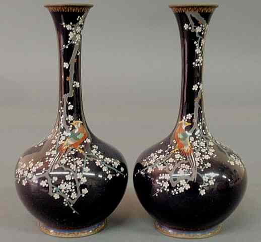 Appraisal: Pair of Japanese cloisonn bottle-form vases th c decorated with