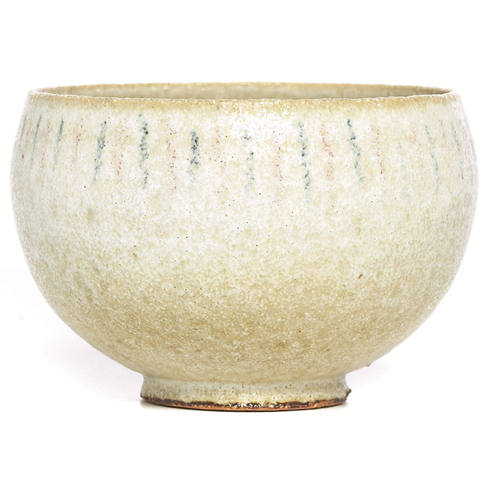 Appraisal: Scheier bowl footed form with painted linear designs covered with