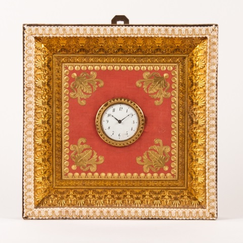 Appraisal: French gilt-metal and brocade shadowbox clock th century enameled face