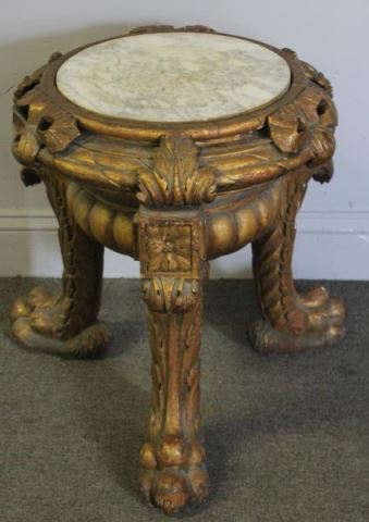 Appraisal: th Cent Giltwood Paw Footed Marble TopPedestal Table From a