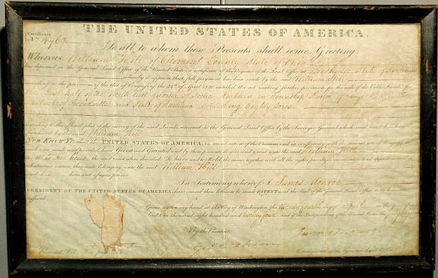 Appraisal: Parchment U S General Land Office certificate dated Ohio James