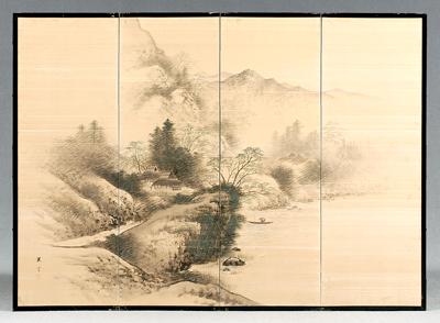 Appraisal: Japanese four panel screen ink and color on tan silk