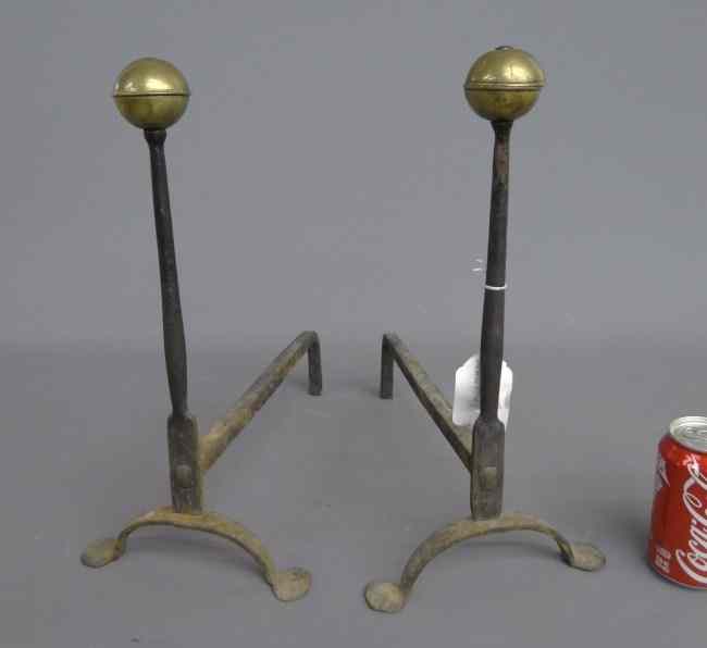 Appraisal: Pair th c penny foot brass ball top andirons ''