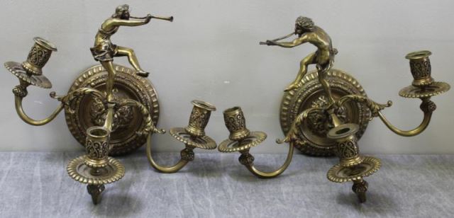 Appraisal: Pair of th Century Grand Tour Sconces With figures blowing