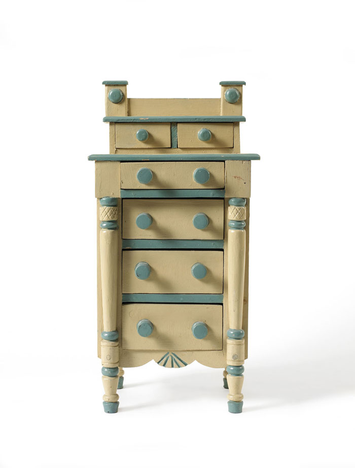 Appraisal: AMERICAN MINIATURE EMPIRE BLUE-GREEN AND WHITE PAINTED TALL-CHEST OF DRAWERS