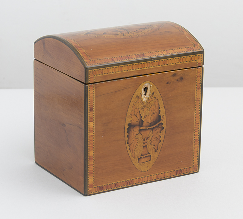 Appraisal: GEORGE INLAID YEW WOOD TEA CADDY The domed lid with