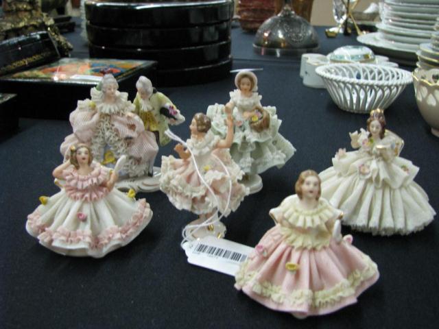 Appraisal: Group of six Dresden lace-dress figures some with minor skirt