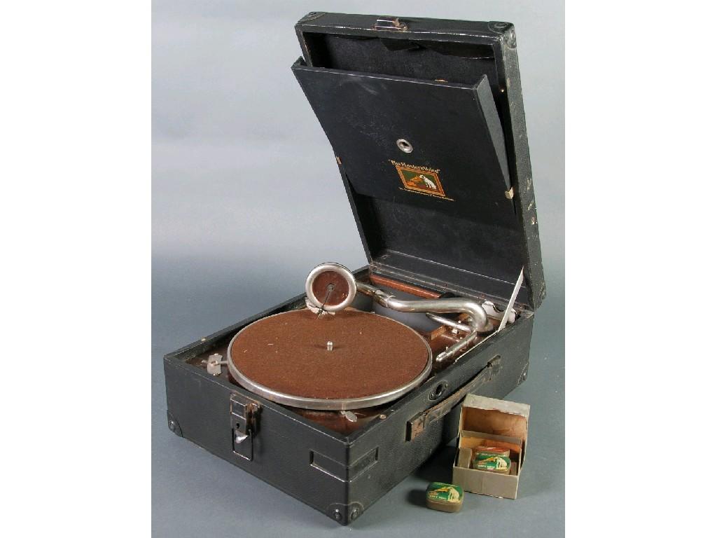 Appraisal: HIS MASTERS VOICE' PORTABLE WIND-UP GRAMOPHONE with key and tins