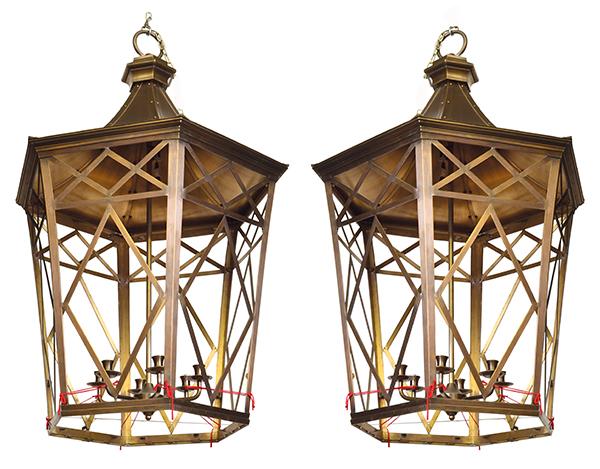 Appraisal: A LAGE PAIR OF HEXAGONAL BRONZE FRAMED LANTERNS each with