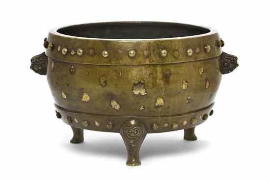 Appraisal: A Chinese Gold-Splashed Bronze Drum-Form Censer having raised bands at