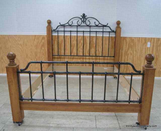 Appraisal: Oak Finished Post Iron Queen Size BedFrom an estate is