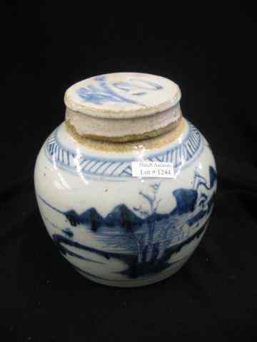 Appraisal: Chinese Blue Decorated Pottery Storage Jar landscape scene with cover