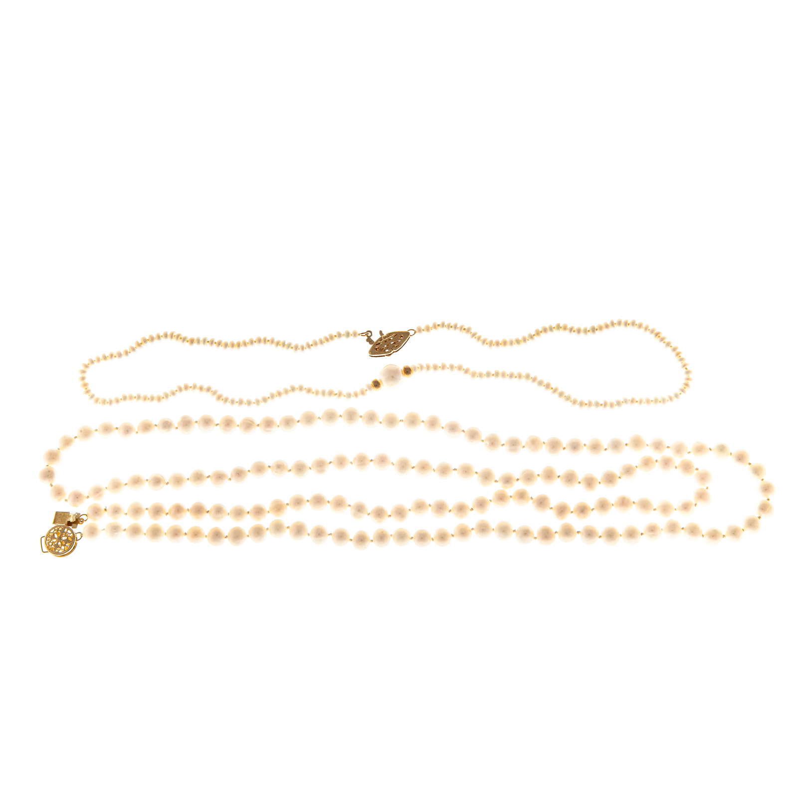 Appraisal: TWO K YELLOW GOLD PEARL NECKLACES K yellow gold cultured