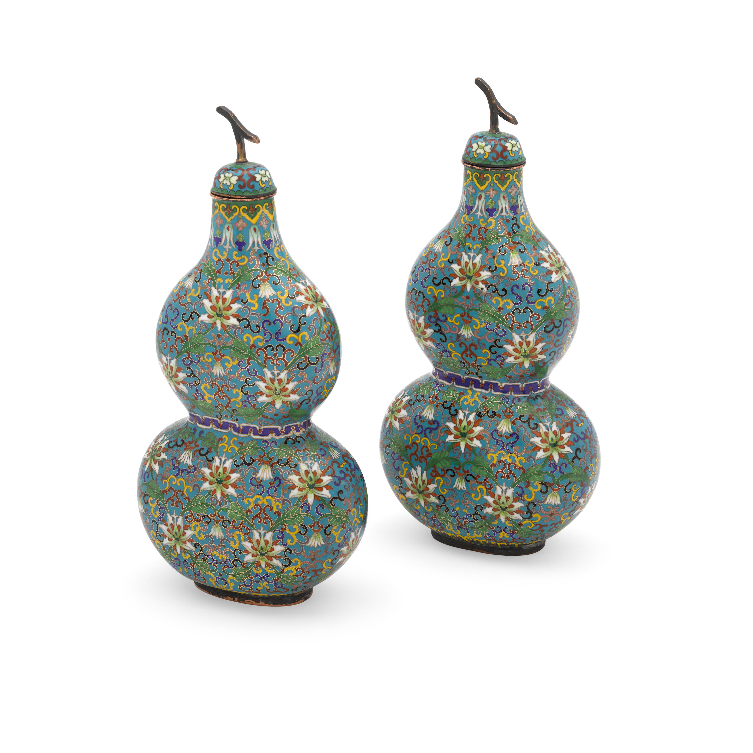 Appraisal: A PAIR OF CLOISONN DOUBLE-GOURD COVERED VASES th century th