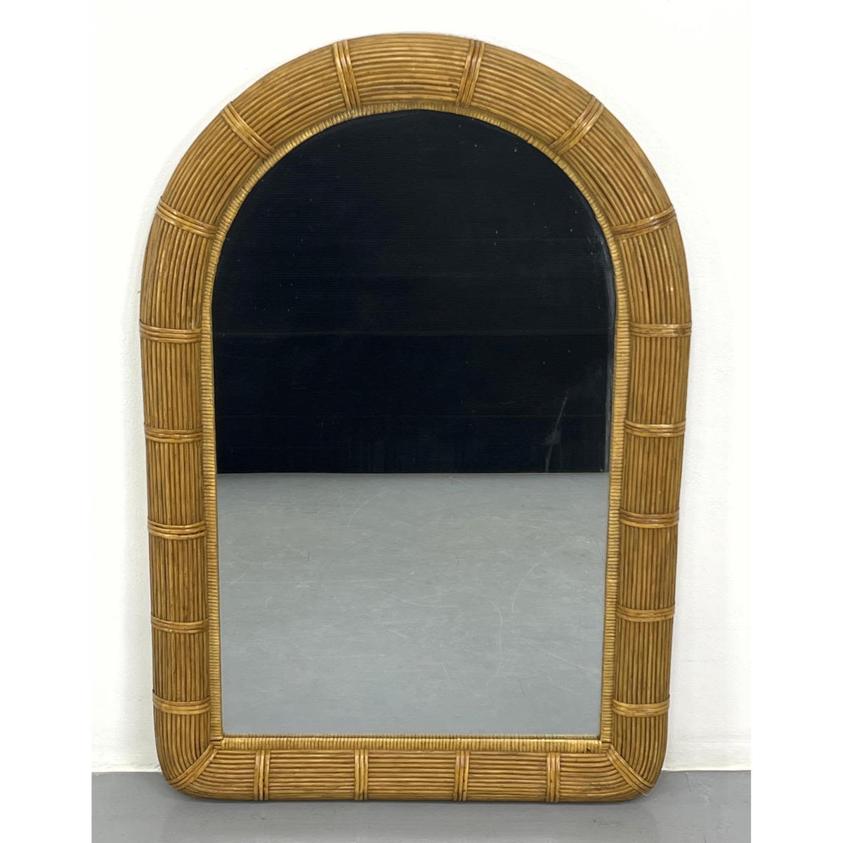 Appraisal: Designer Arched Top Banded Rattan Wall Mirror Dimensions H inches