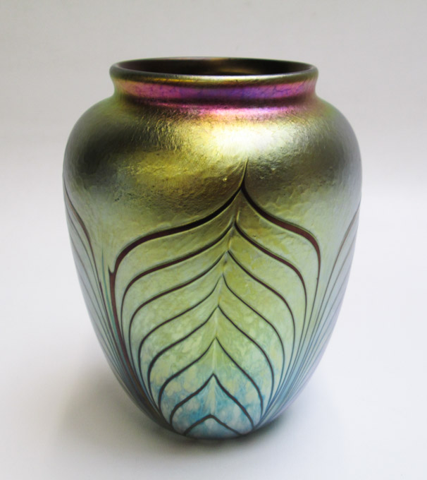 Appraisal: RICHARDSON IRIDESCENT STUDIO ART GLASS VASE having purple pulled feather