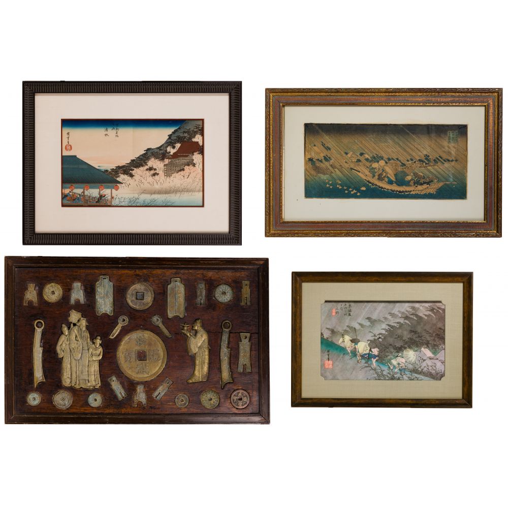 Appraisal: ASIAN ARTWORK ASSORTMENT framed items including a wood panel with