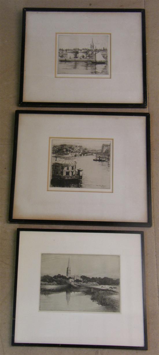 Appraisal: th century etching continental river scene by and two other