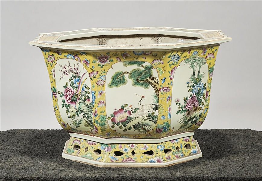 Appraisal: Chinese enameled porcelain octagonal jardiniere depicting birds and flowers x