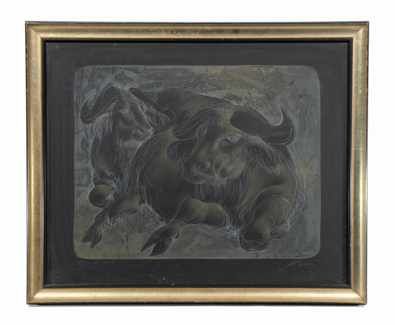 Appraisal: HANS ERNI SWITZERLAND - Water Buffalo tempera ink and white