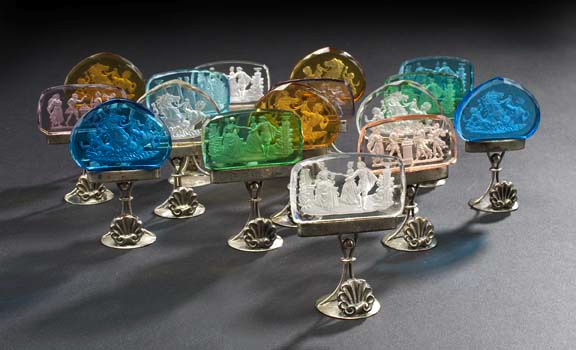 Appraisal: Set of Sixteen Austrian Silver and Intaglio Glass Place Card