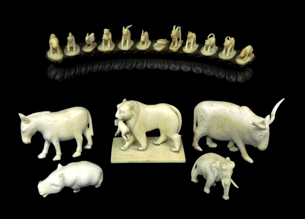 Appraisal: ASIAN Five carved ivory animals and a zodiac on base