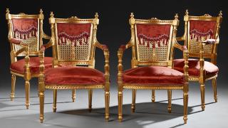 Appraisal: Set of Four French Louis XVI Style Giltwood Armcha Set