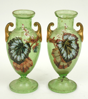 Appraisal: A PAIR OF VICTORIAN ENAMELLED GREEN GLASS VASES A F