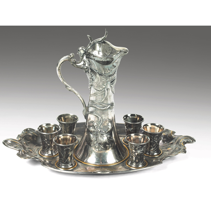 Appraisal: WMF liqueur set tray lidded pitcher and six cups hammered