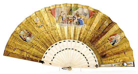 Appraisal: European painted paper and ivory fan circa brass-mounted and pierce-carved