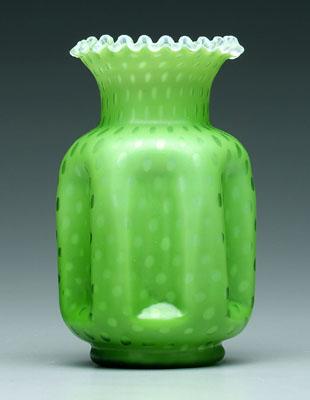 Appraisal: Mother-of-pearl satin glass vase vertically indented base green with raindrop