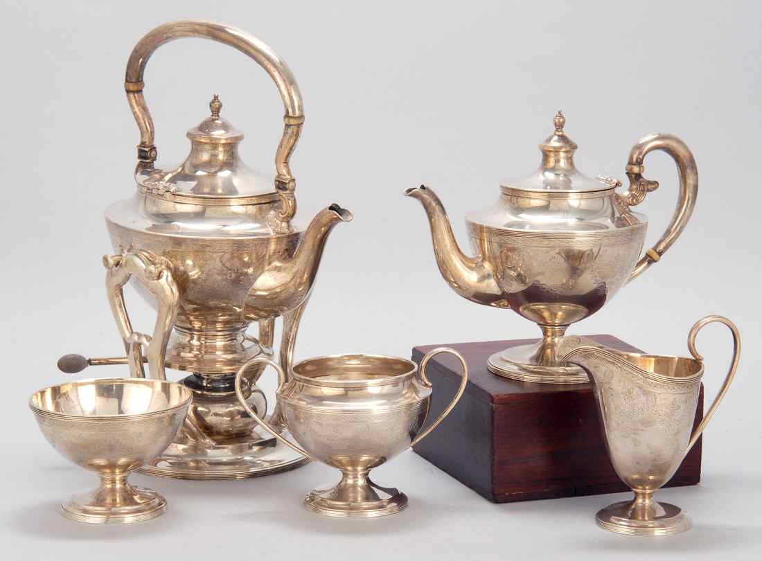 Appraisal: FIVE-PIECE STERLING SILVER TEA SET In etched swag decoration Consists