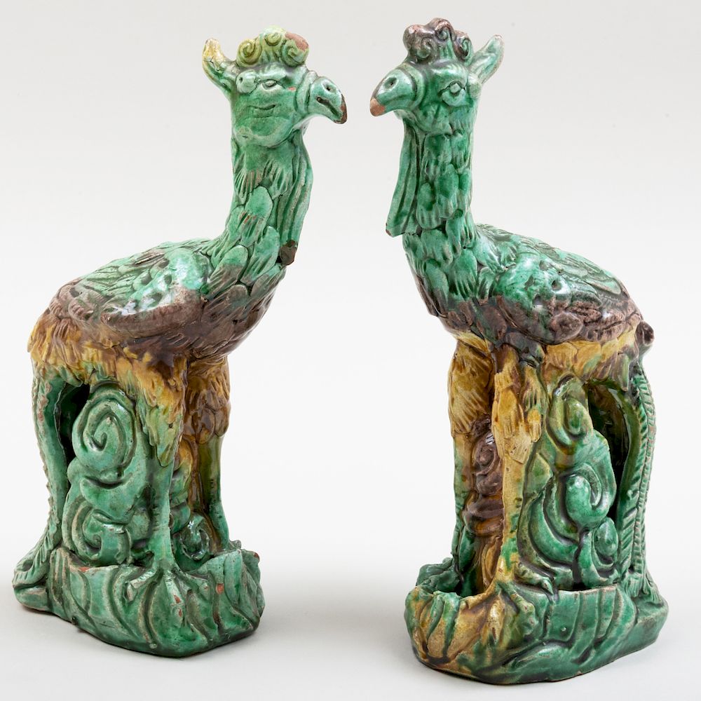 Appraisal: Pair of Chinese Green Ochre and Aubergine Glazed Earthenware Models